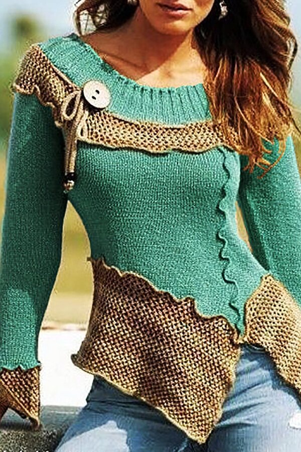 Retro Scoop Neck Patchwork Knit Sweater