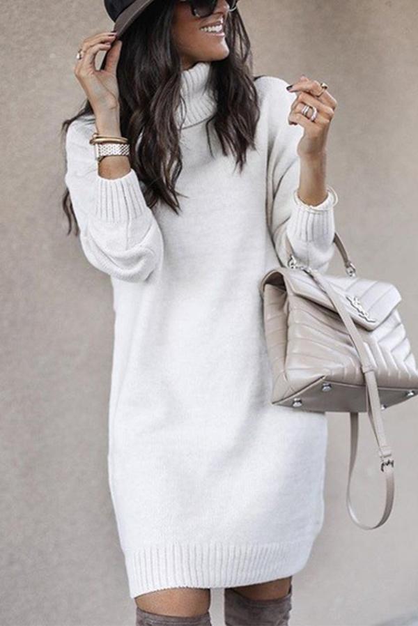 Solid Color Knitted Sweater Dress