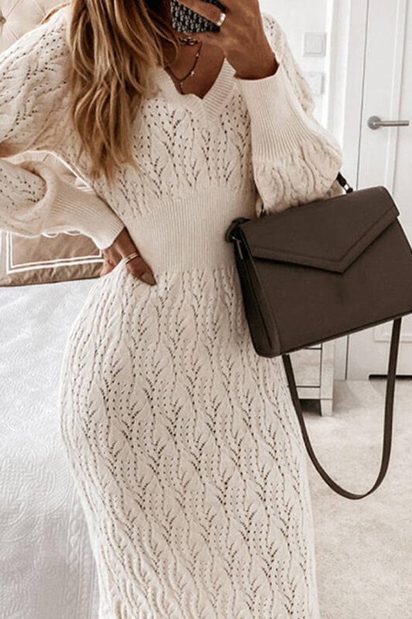 HOLLOW V NECK PUFF SLEEVE SWEATER DRESS