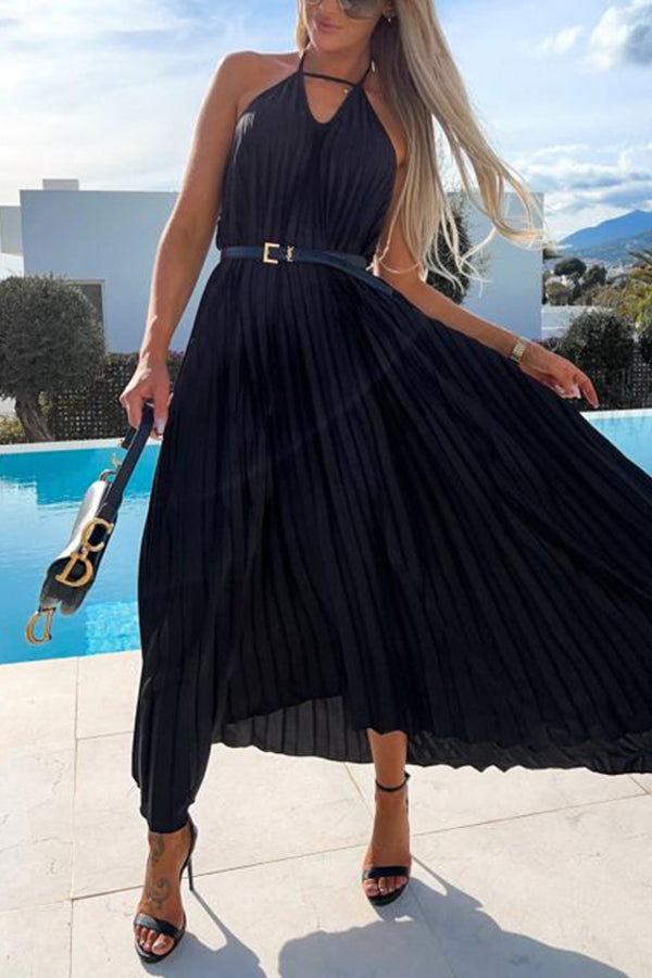 New Pleated Suspender Sweet Waist Closing Bohemian Long Dress