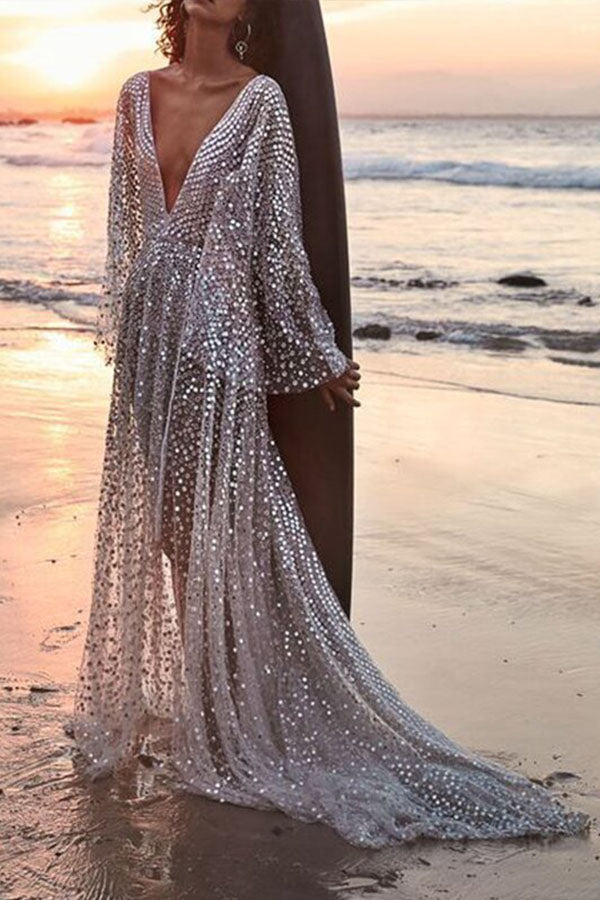 Sexy See-through Deep V-neck Long Sleeve Dress