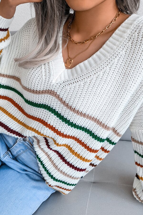 Rainbow Stripes Casual Loose V-neck Sweater