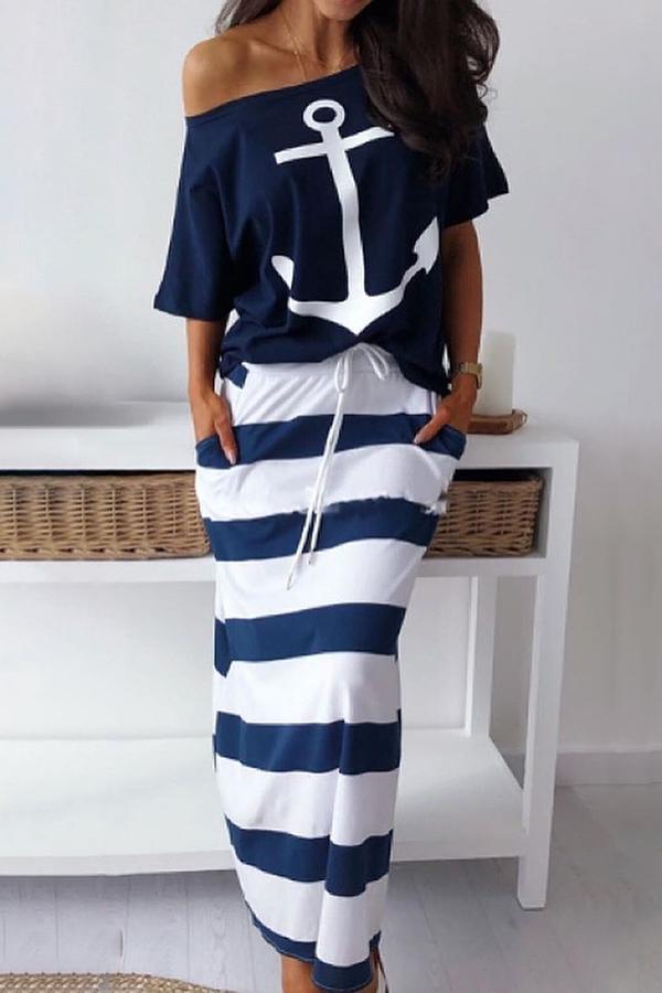 Boat Anchor Print T-Shirt Striped Skirt Set