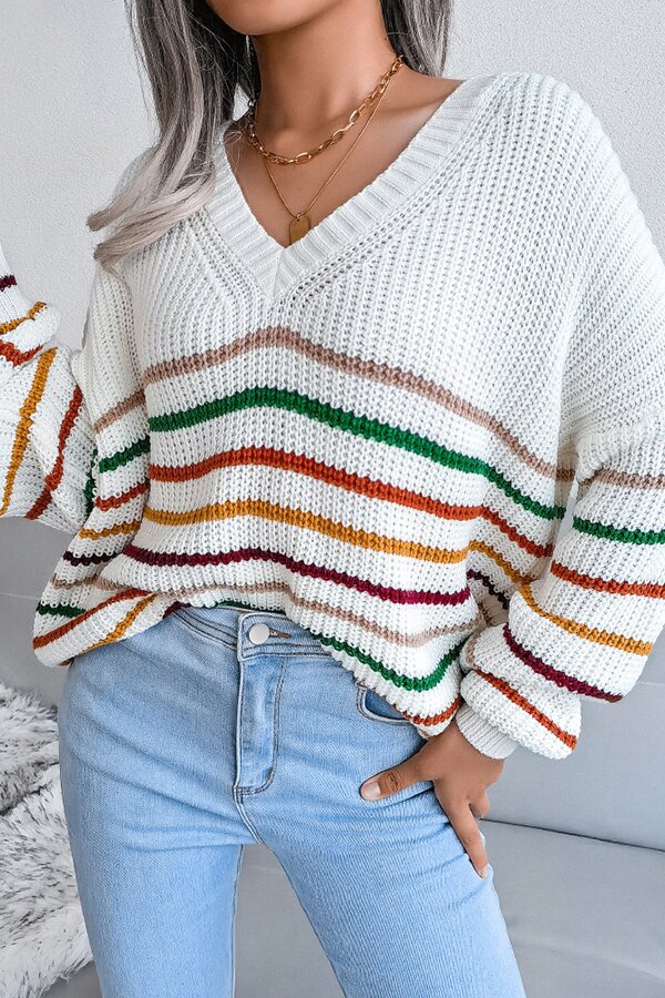 Rainbow Stripes Casual Loose V-neck Sweater