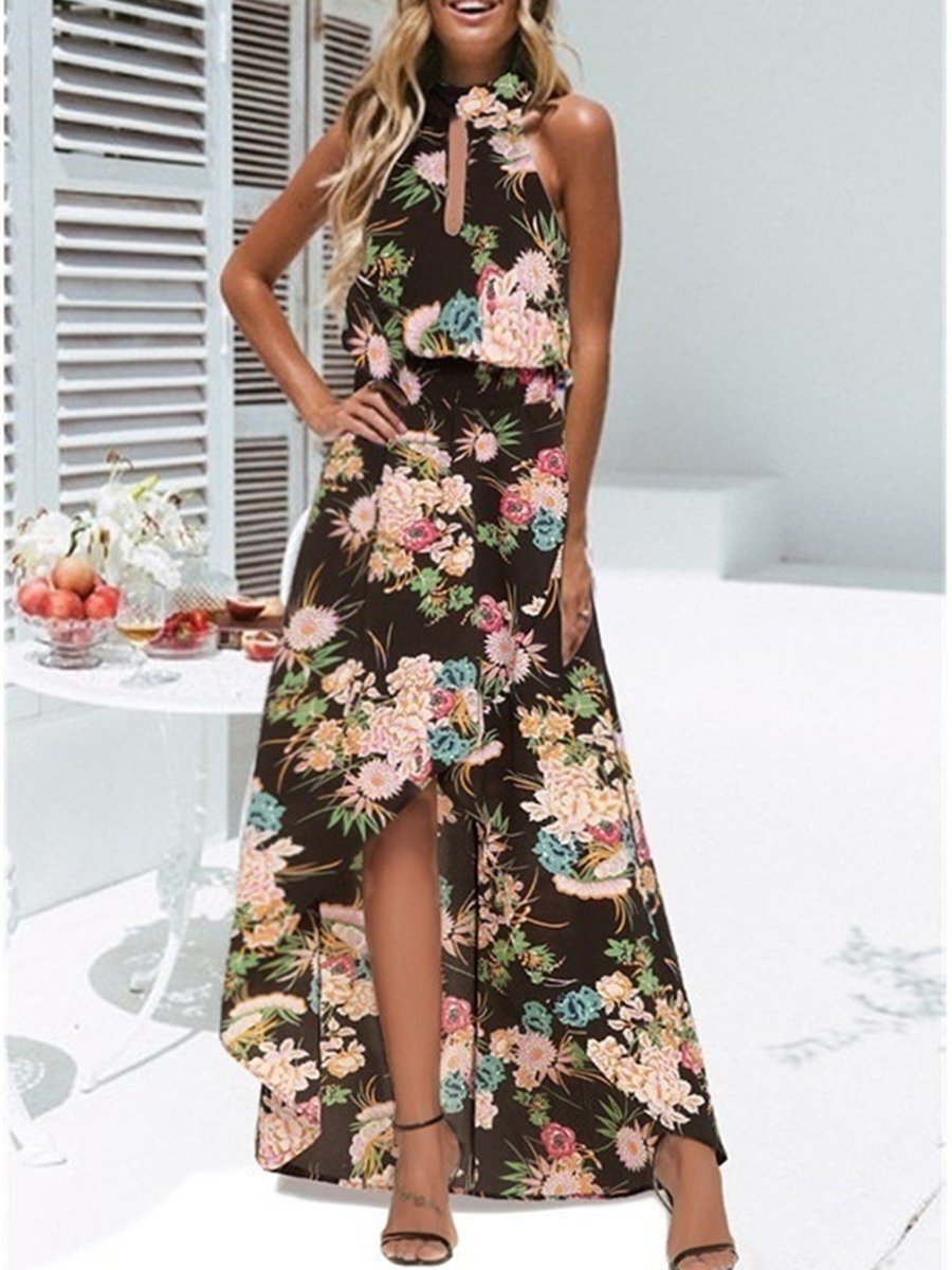 Half-high Neck Cutout Asymmetrical Print Dress