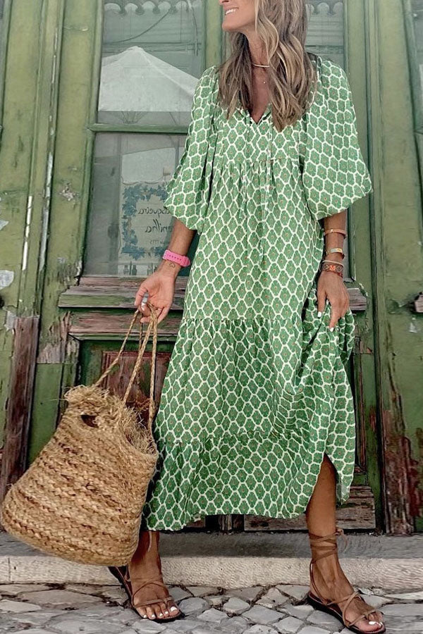 V Neck Lantern Sleeve Printed Ruffle Maxi Holiday Dress
