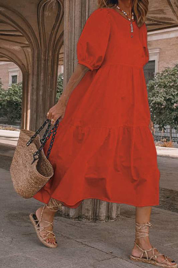 Vacation Puff Sleeve Solid Color Dress