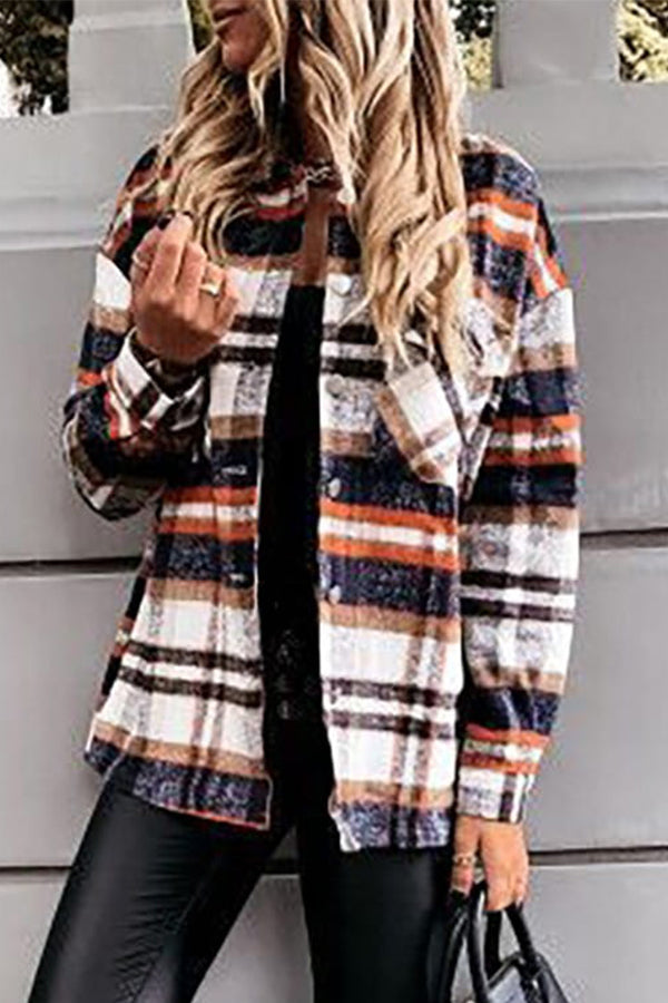 Long Sleeve Orange Plaid Print Jacket