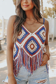 Peace&Love V Neck Multi Crochet Fringe Tank