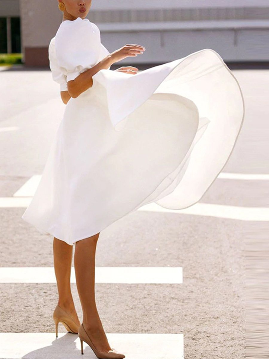 Glam Cutout Back Solid Puff Sleeve Midi dress