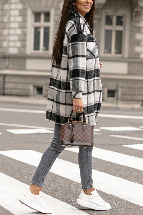 Everyday Contentment Leather Stitching Plaid Shacket