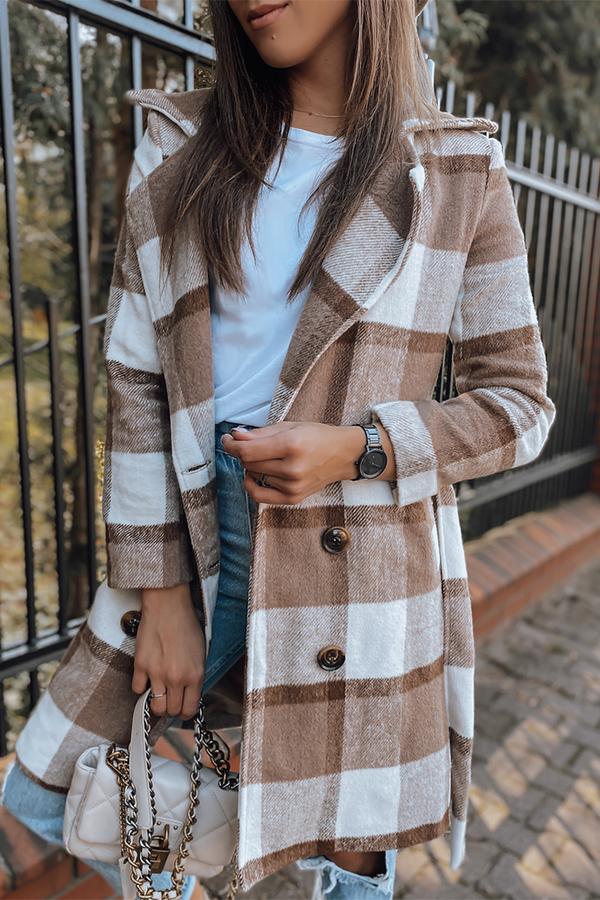 Double Row Button Checked Wool Coat