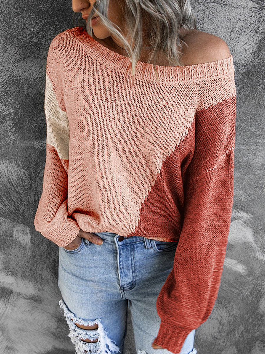Irregular Color Block Off-shoulder Sweater