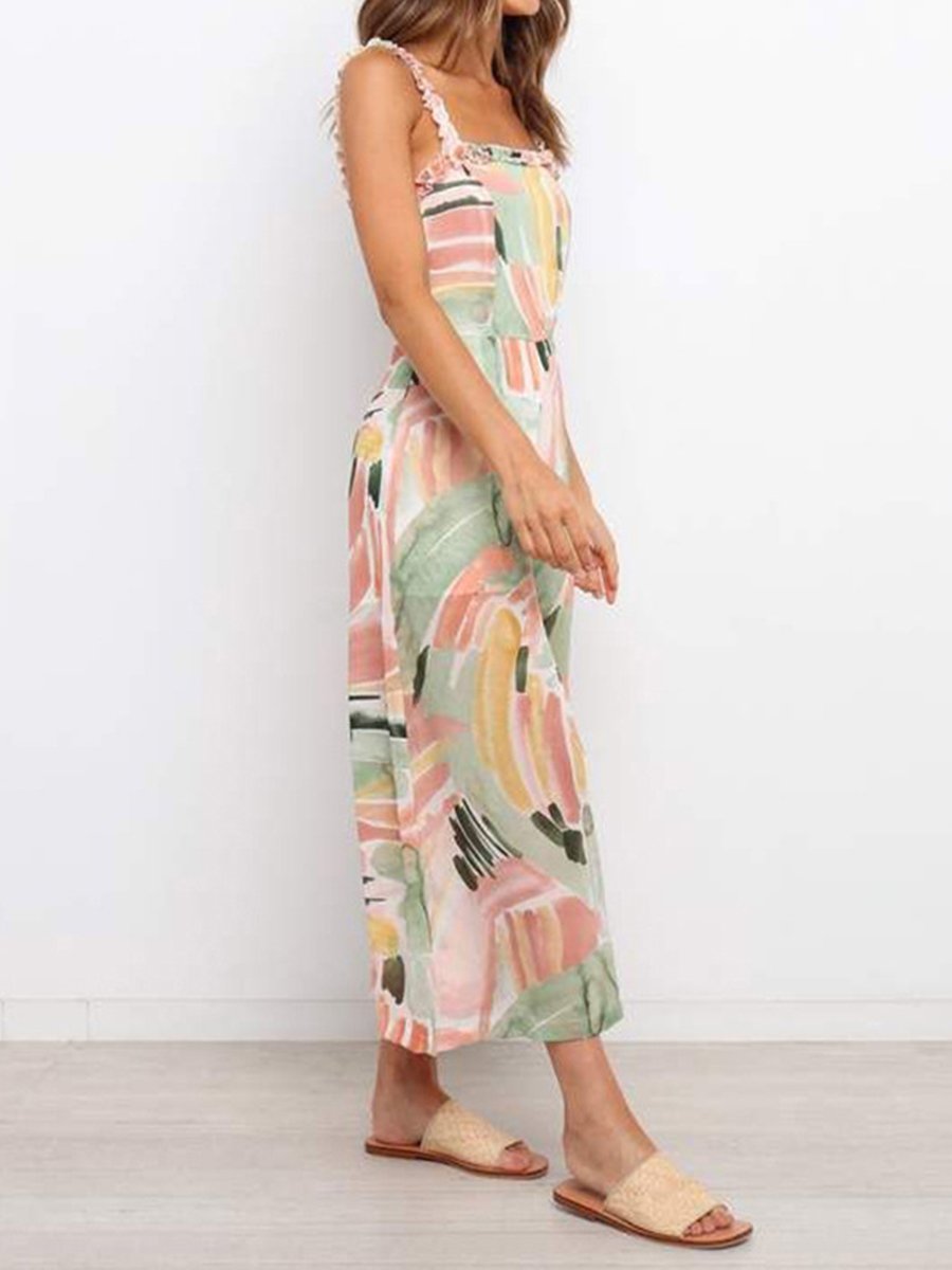 Suspender Jumpsuit Printed Wide Leg Pants