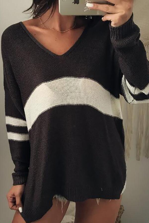 V-neck Striped Color Block Sweater