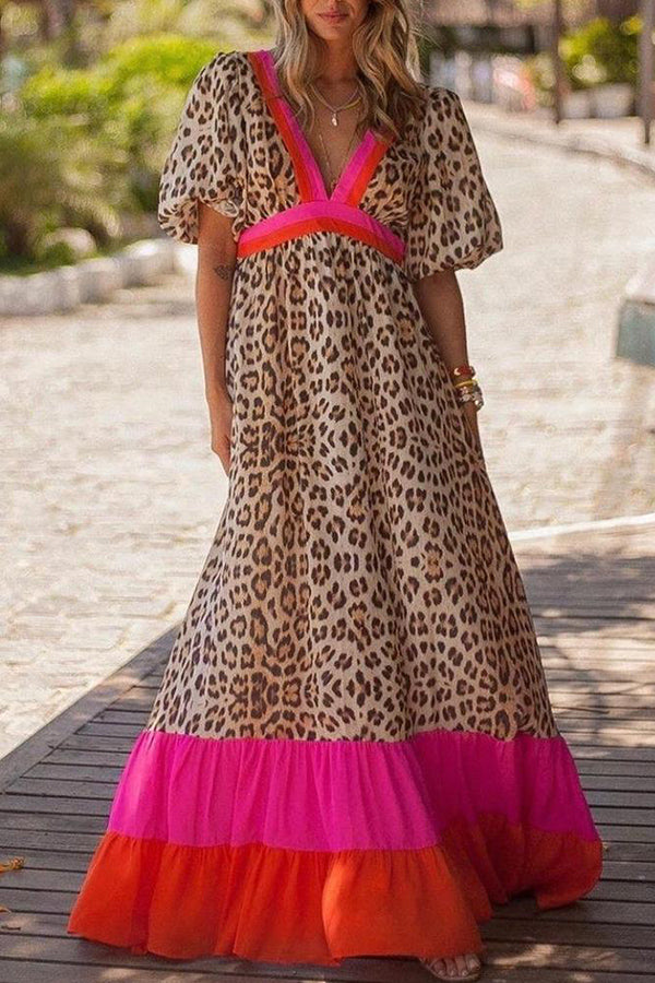 Deep V-Neck Leopard Color Block Maxi Dress