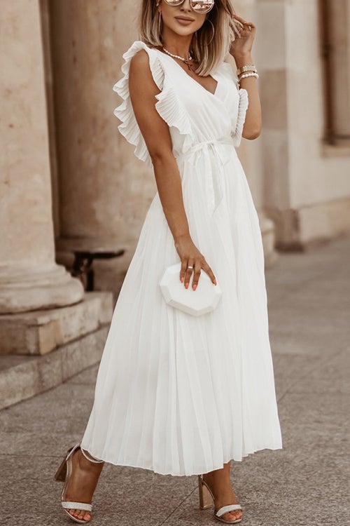 Fashion V Neck Solid Color Slim Ruffle Smocked Dress