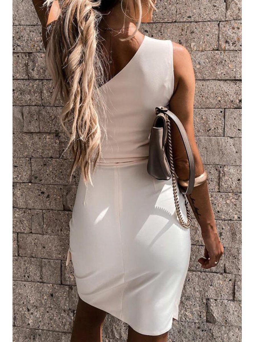 Solid Color One Shoulder Studs Party Dress