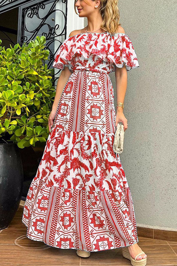 High-waisted Bohemian Print Dress with A Neckline