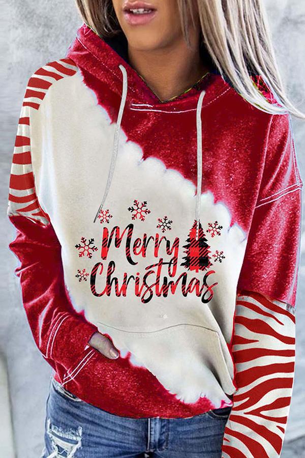 Santa Claus Print Color Block Hoodie (Red)
