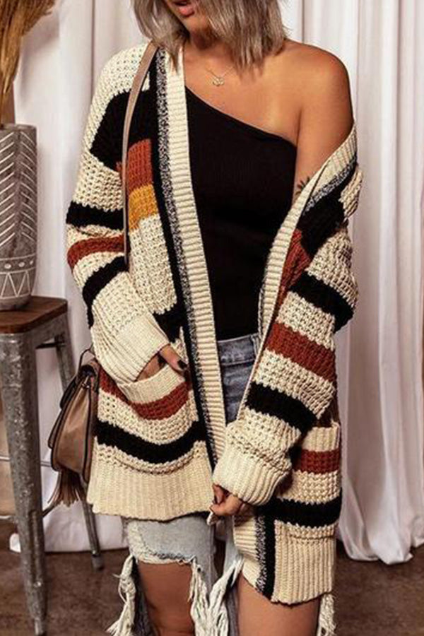 Striped Colorblock Pockets Cardigan