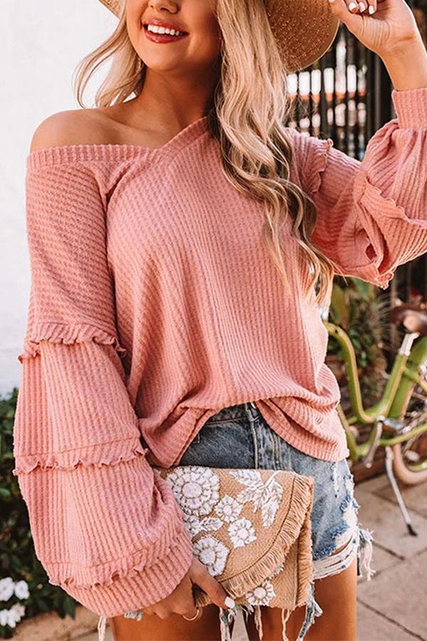 Waffle Ruffled V-neck Loose Top