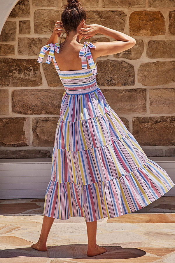 Fake Suspender Lace-up Printed Long Dress