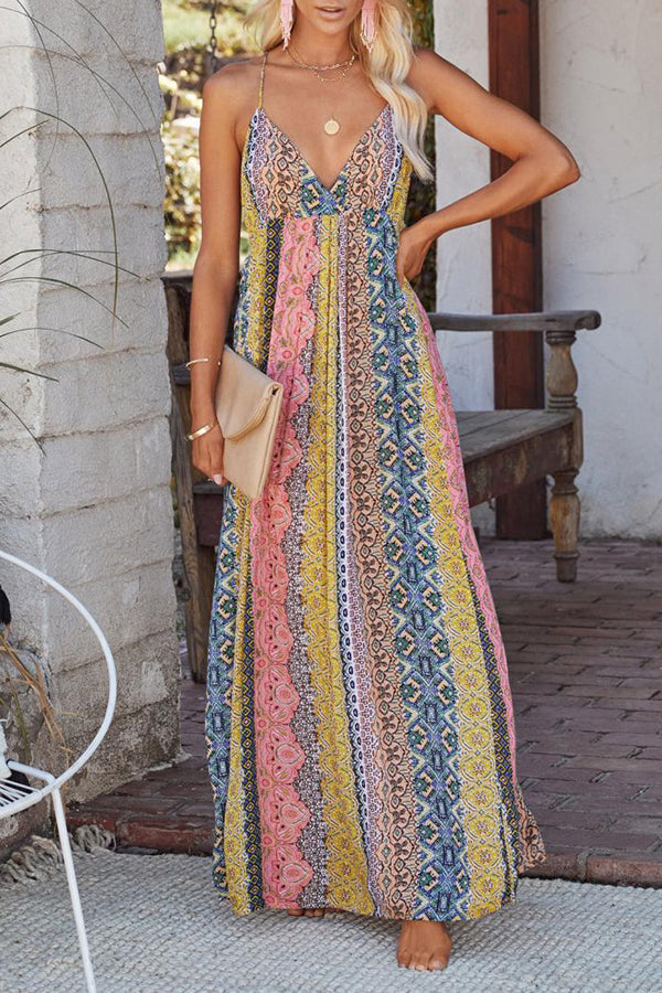 V Neck Open Back Boho Suspender Maxi Dress