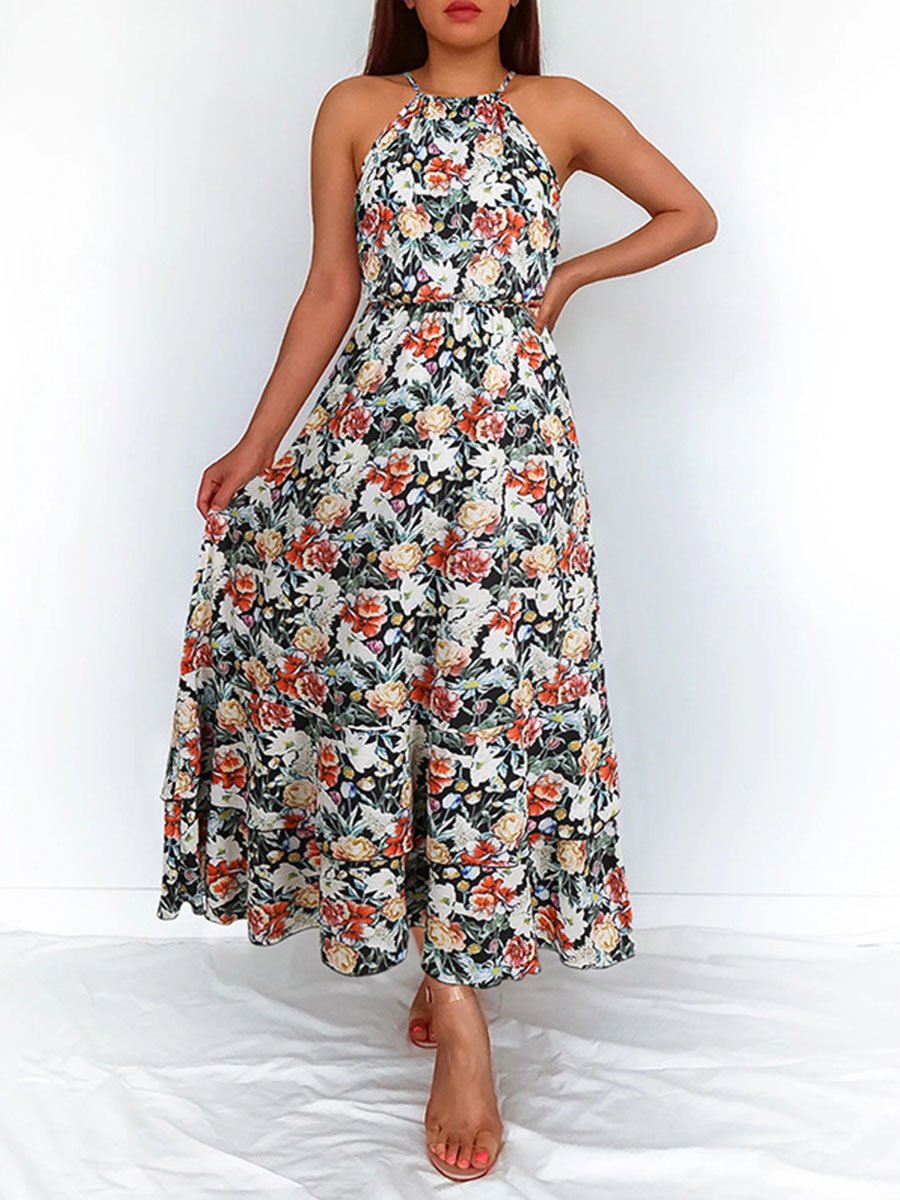 Summer Halterneck Flower Print Maxi Dress