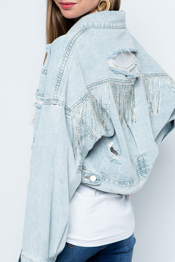 Ripped Rhinestone Fringed Denim Jacket