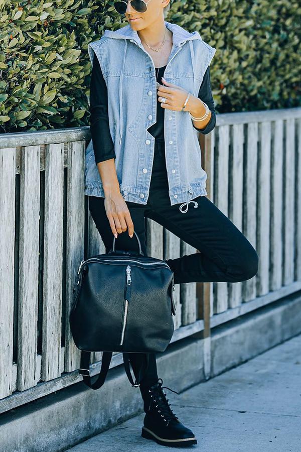 Pocketed Hooded Denim Vest