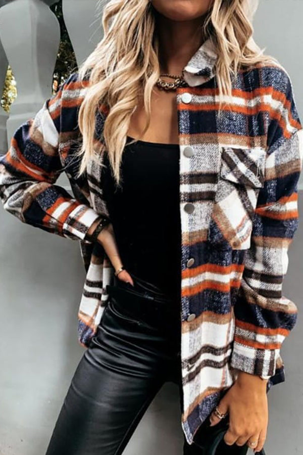 Long Sleeve Orange Plaid Print Jacket