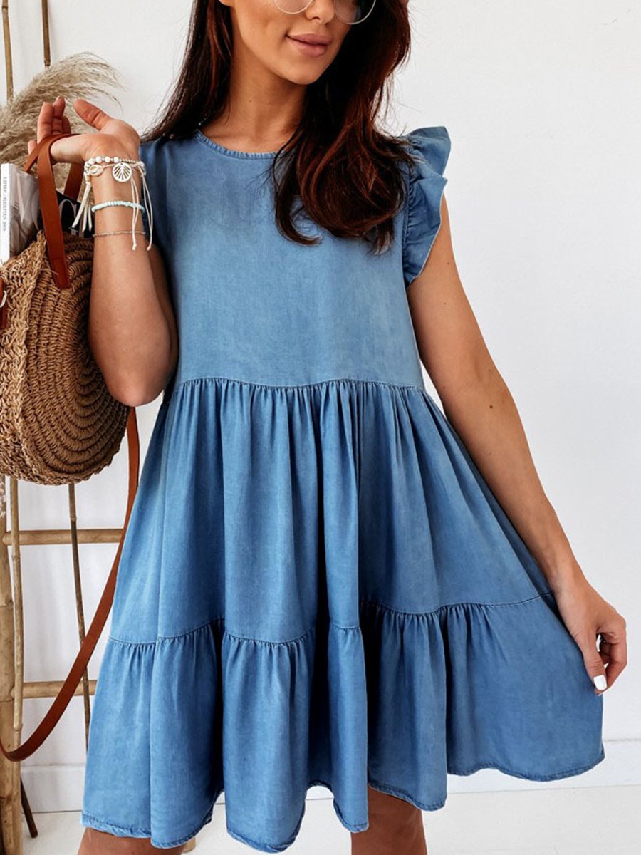Ruffle Sleeve Solid Color Denim Mini Dress