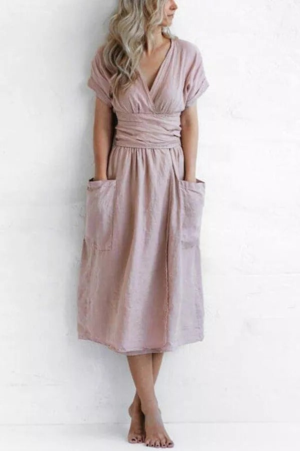 Forever Yours Belt High Waist Cotton- Linen Dress