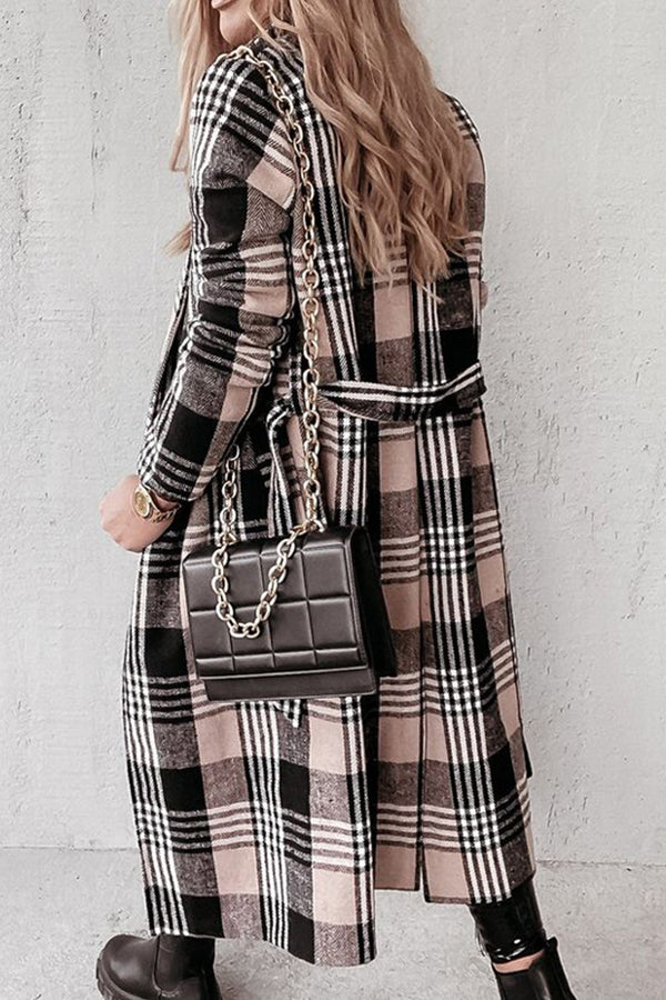 Temperament Lapel Plaid Belt Woolen Coat