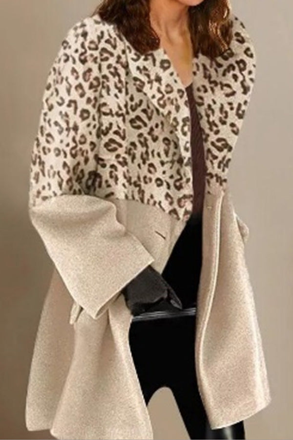 Leopard Print Color Block Woolen Coat
