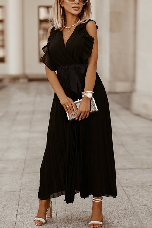 Fashion V Neck Solid Color Slim Ruffle Smocked Dress
