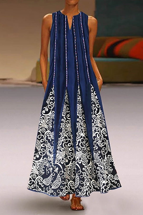 Print Pockets Loose Maxi Dress