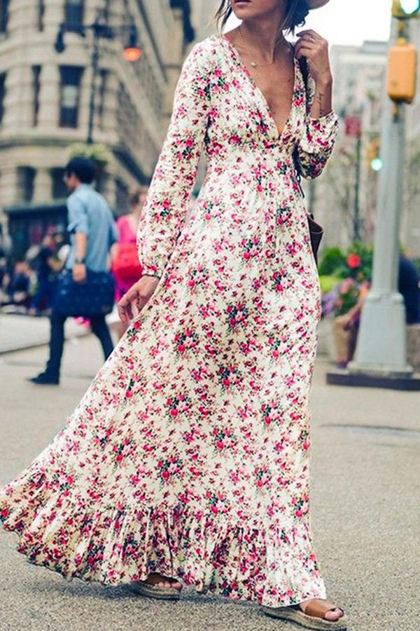 Multicolor Bohemian Floral Print Ruffle Deep V-neck Floor Length Boho Maxi Dress