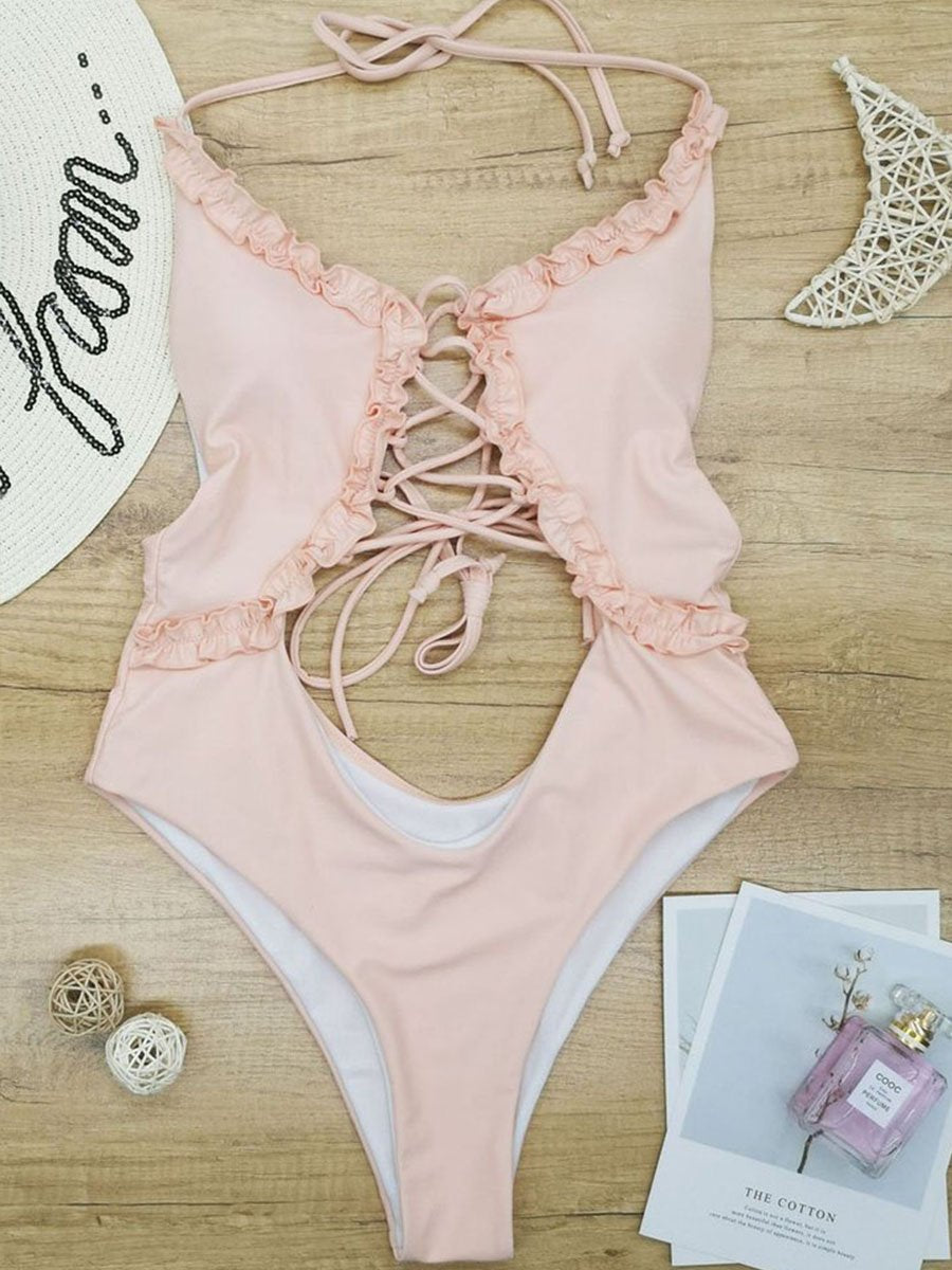 Hollow-out Design Flounce One-piece Swimsuit (2 Colors)