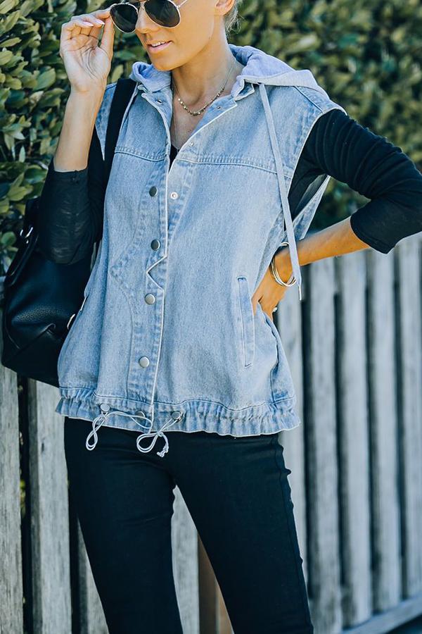 Pocketed Hooded Denim Vest