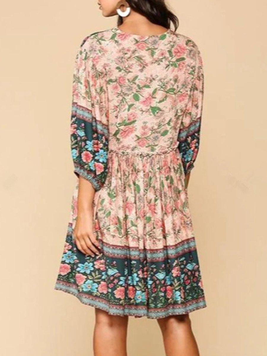 V-neck 3/4 Sleeve Boho Print Loose Mini Dress