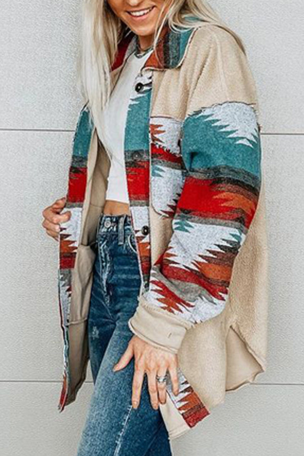 Lapel Cardigan Ethnic Print Plush Jacket