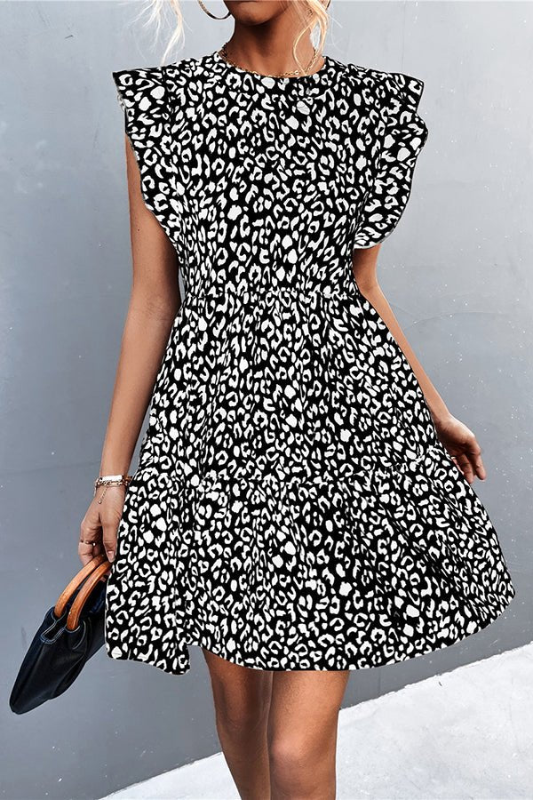 Crew Neck Flyer Sleeves Vintage Leopard Print Mini Dress