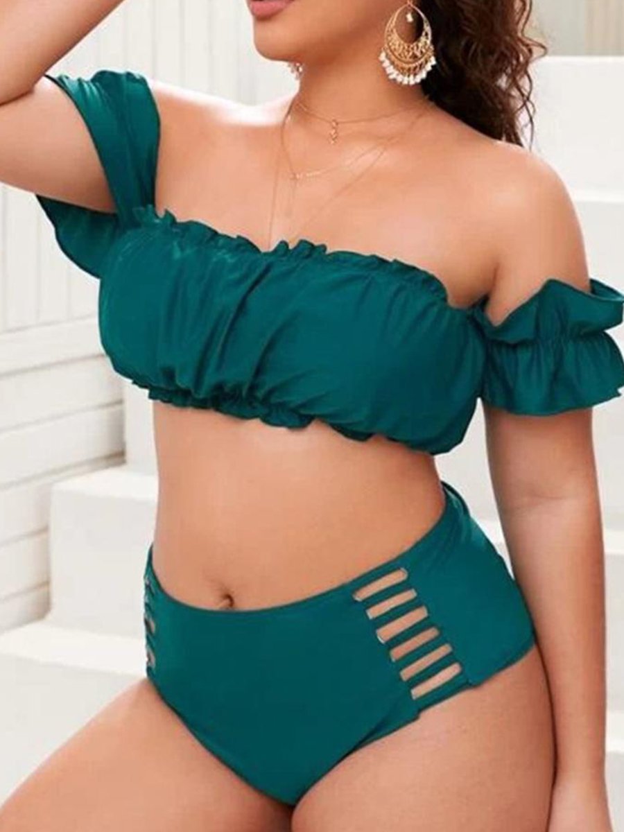 Sweet Off The Shoulder Leopard Print Ruffle Design Hollow-out Tankini