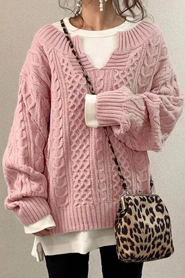 Fashion V-neck Solid Cable Loose Knit Sweater