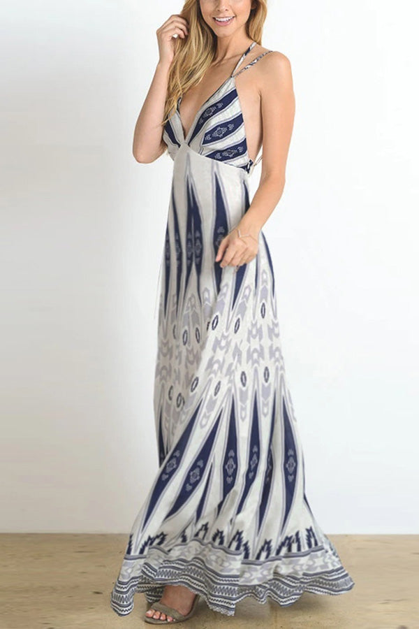 Vintage Print backless long dress