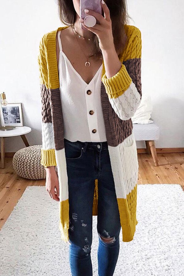 Simple Pocket Stitching Contrast Twist Sweater Cardigan