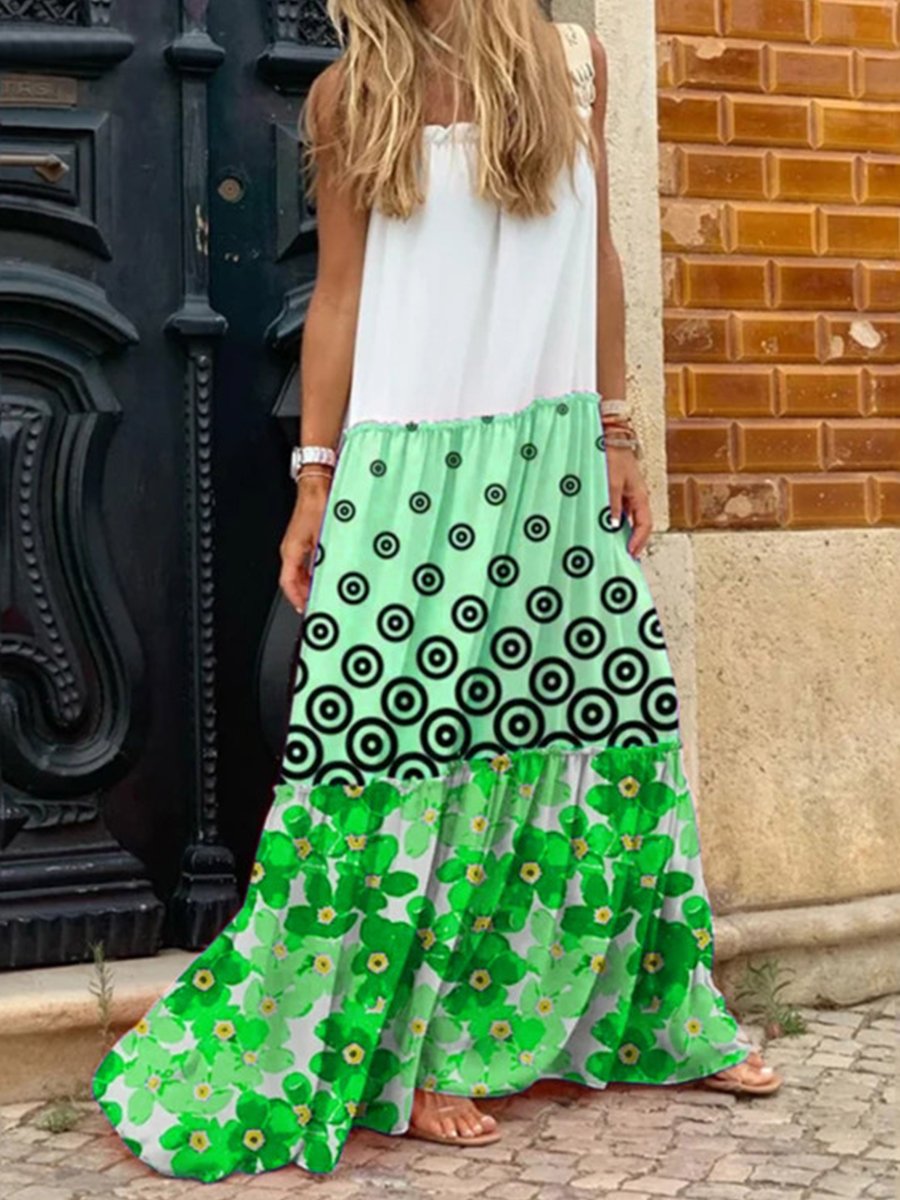 Casual Straps Dot Flower Print Colorblock Maxi Dress