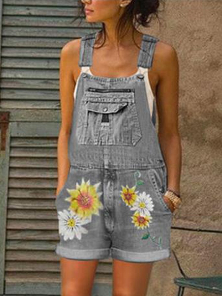 Casual Daisy Print Pockets Washed Denim Shortalls